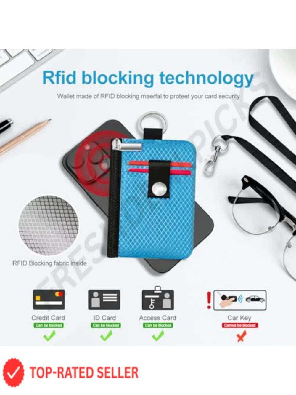 Minimalist RFID Blocking Small Wallet with ID Window, Zip Case with Lanyard